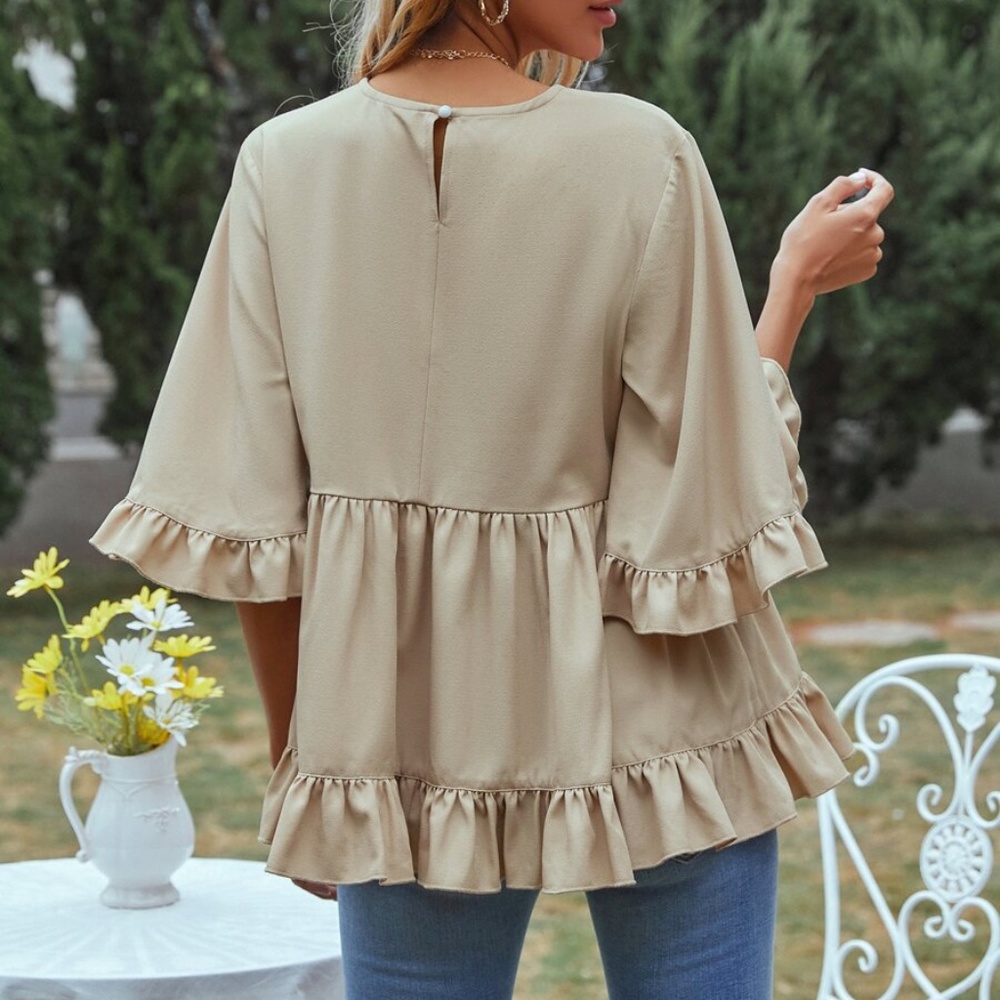 khaki ruffle babydoll boho loose fit blouse - Picture 3 of 5